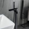 Matte Black Freestanding Tub Filler Floor Mount Faucet with Handheld Shower and Waterfall Spout