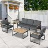 Outdoor 4 Pieces Furniture Sets Modern Aluminum Patio Conversation Sets Sofa w Blue Cushion Faux Wood Grain Frame Coffee Table for Garden Courtyard Po