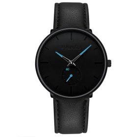 2023 Mens Fashion Minimalist Watches Men Business Casual Quartz Watch Simple Male Stainless Steel Mesh Band Clock reloj hombre (Color: Leather Black Blue)