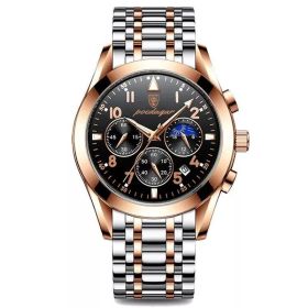 Multifunction Men's Watch Waterproof Luminous (Color: Rose gold black face, style: Steel Belt)