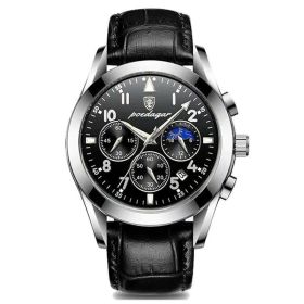 Multifunction Men's Watch Waterproof Luminous (Color: Silver shell black surface, style: Belt style)