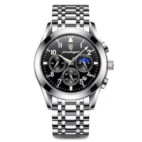 Multifunction Men's Watch Waterproof Luminous (Color: Silver shell black surface, style: Steel Belt)