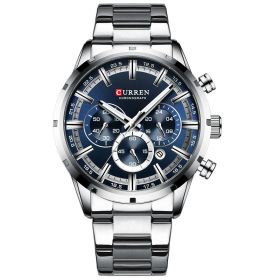 CURREN Men Watch Top Brand Luxury Sports Quartz Mens Watches Full Steel Waterproof Chronograph Wristwatch Men Relogio Masculino (Color: Silver Blue)