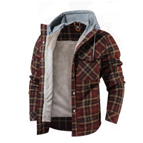 Men Warm Jacket Fleece Lining Lumberjack Plaid Hooded Jackets Snap Button (Color: Coffee, size: USA XL)