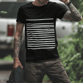 Mens T-Shirt with Lines in Black (Color: Black, size: L)